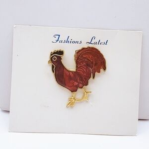 New Vintage Cute Enamel Rooster Red Gold Tone